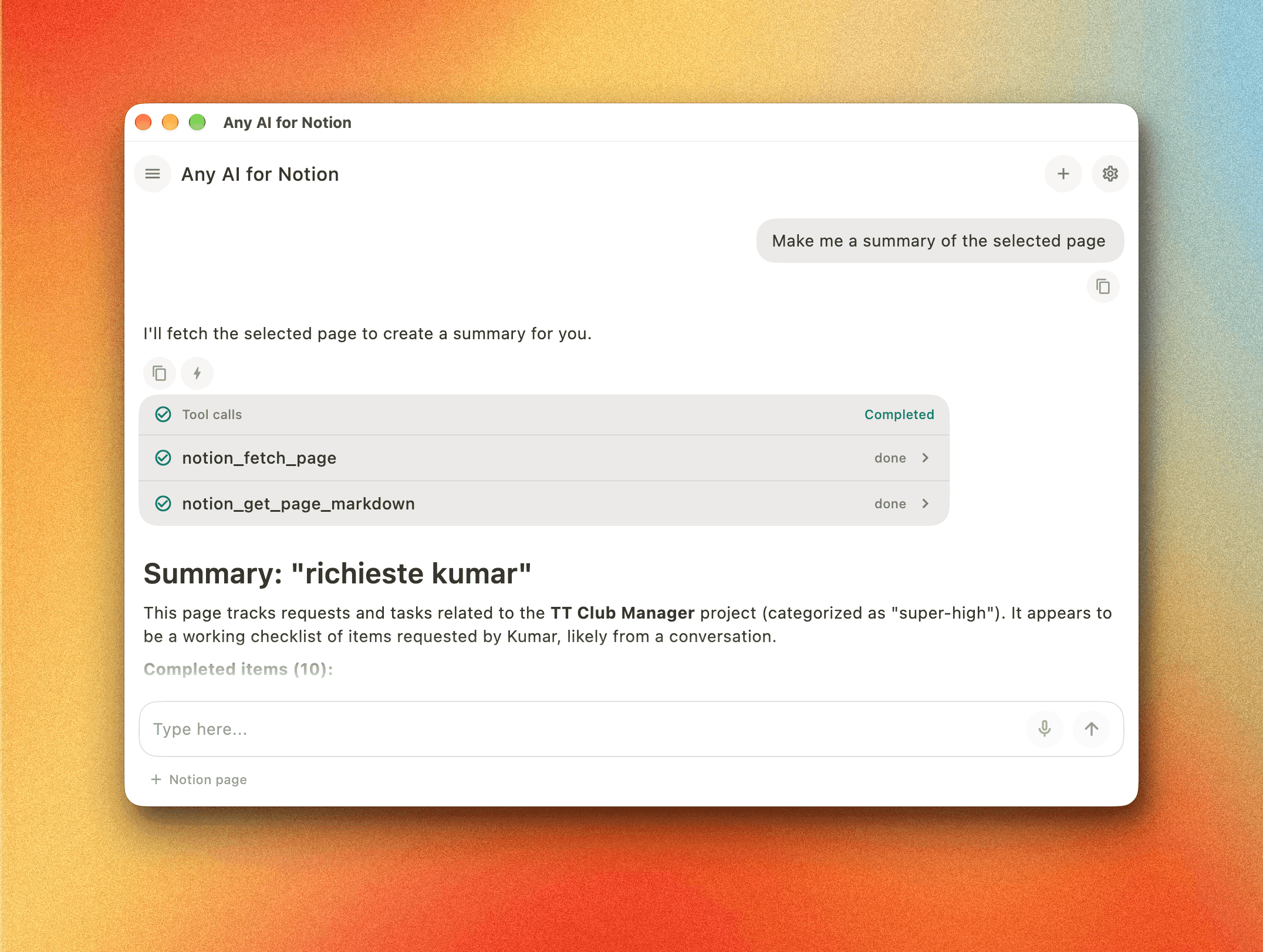 Any AI for Notion app interface
